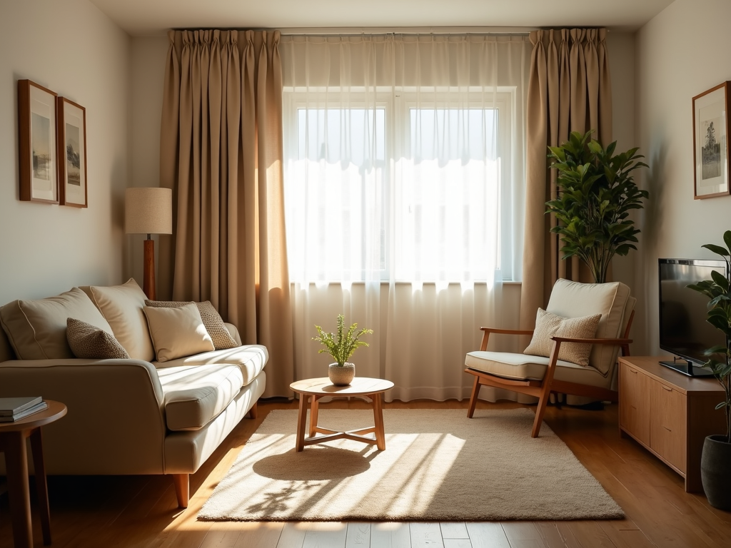 Ein gemütliches, aufgeräumtes Wohnzimmer mit einem Sofa, einem kleinen Tisch und sanftem natürlichem Licht durch ein Fenster.