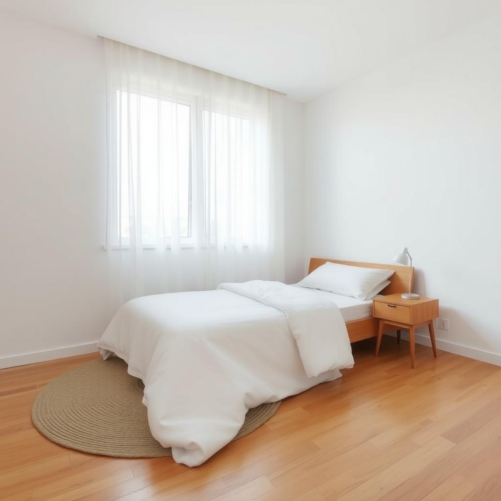 Minimalistisches Schlafzimmer mit Holzbett und schlichter Bettwäsche
