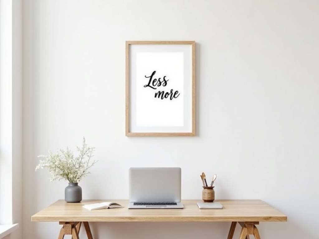 Minimalistischer Arbeitsplatz mit 'Weniger ist mehr' Zitat