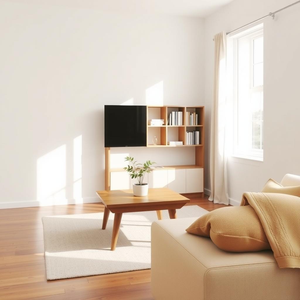 Ein aufgeräumtes Wohnzimmer mit natürlichem Licht, einem minimalistischen Couchtisch mit einer Pflanze, einem beigen Sofa und einem schlichten Bücherregal.