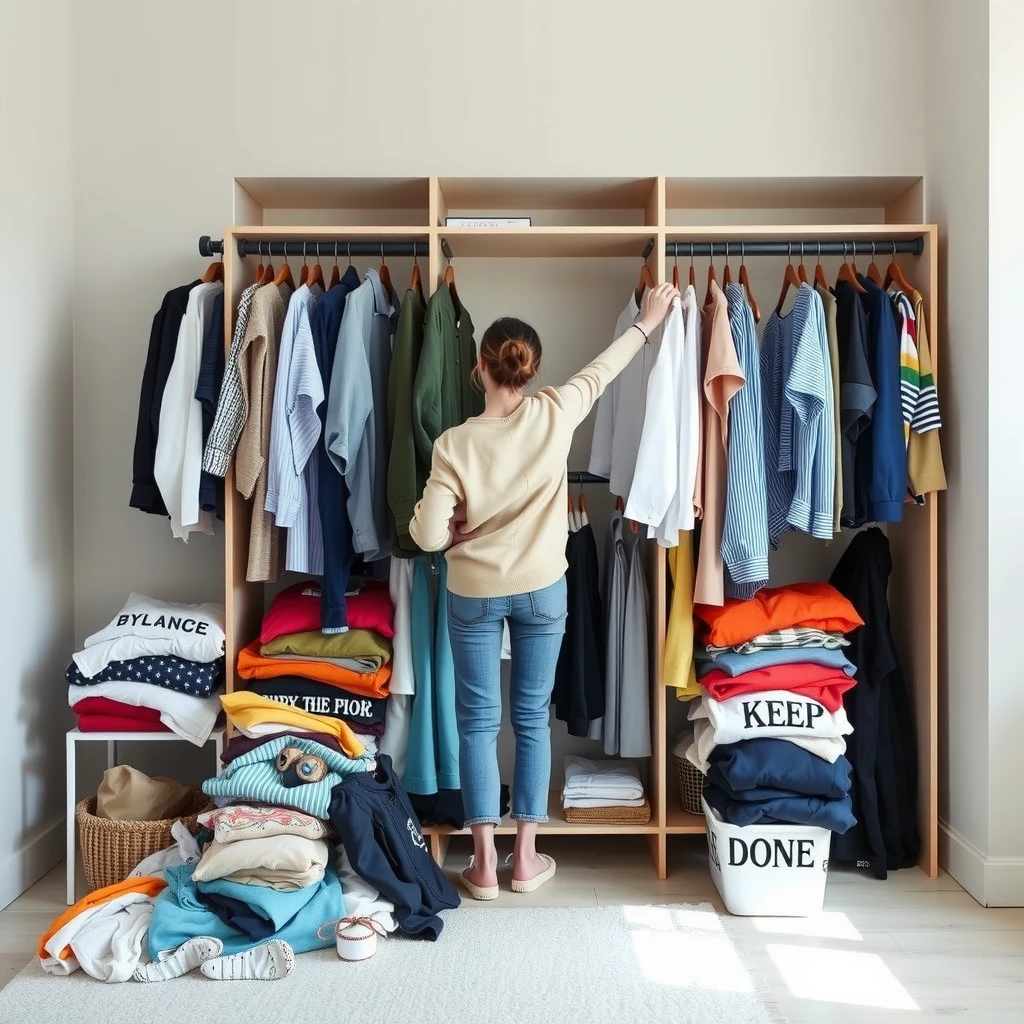 Eine Person mistet den Kleiderschrank aus, sortiert Kleidung in Behälter für Behalten und Spenden in einem hellen, minimalistischen Schlafzimmer