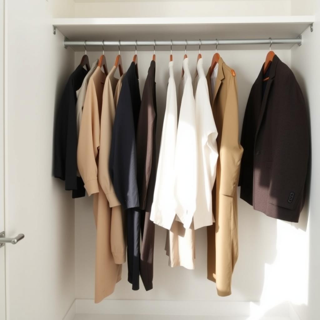 Ein minimalistischer Kleiderschrank mit hochwertiger Kleidung in neutralen Farben, ordentlich auf Holzbügeln in einem hellen Schrank.