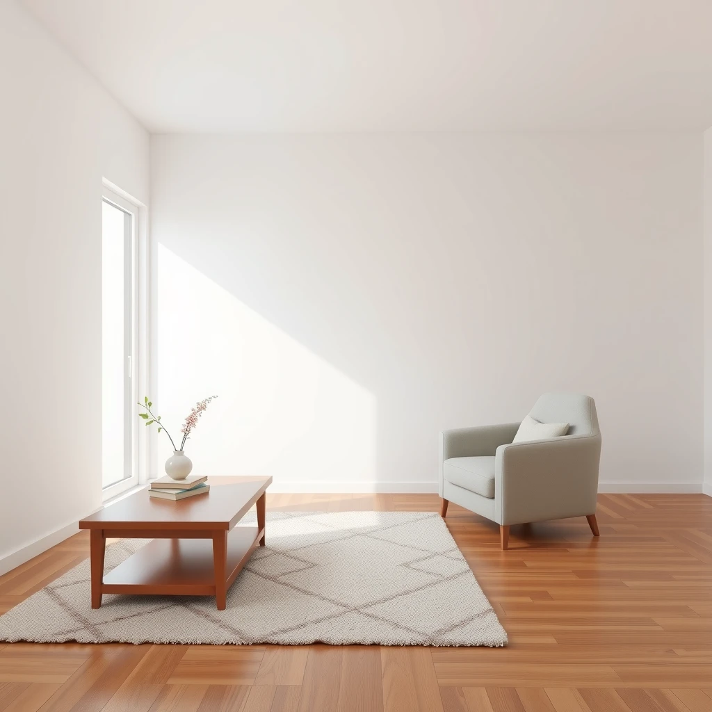 Ein ruhiges minimalistisches Wohnzimmer mit natürlichem Licht und wenigen, sorgfältig gewählten Möbeln