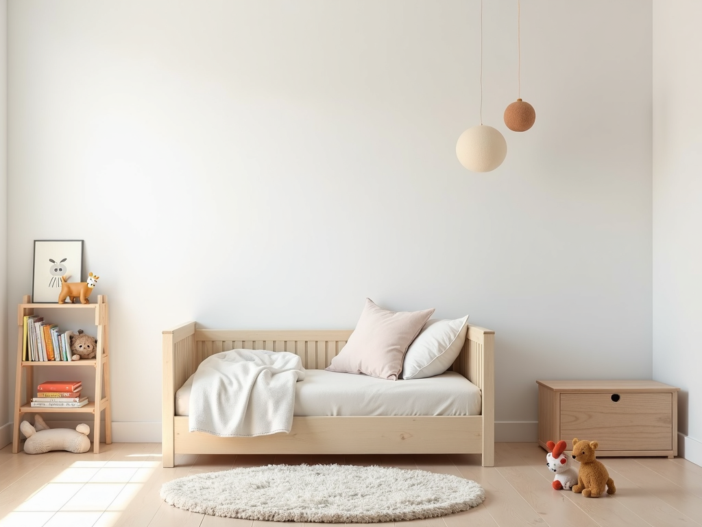Ein minimalistisches Kinderzimmer mit einem einfachen Bett, einem kleinen Bücherregal mit wenigen Büchern, einer Spielzeugkiste und einem gemütlichen Teppich, alles in neutralen Farben mit einigen Farbakzenten durch Spielzeug und Bücher.