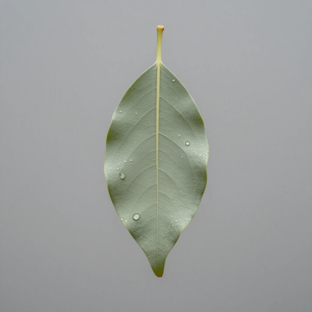 Ein tau-bedecktes Blatt auf grauem Grund – Nahaufnahme im Minimalismus-Stil