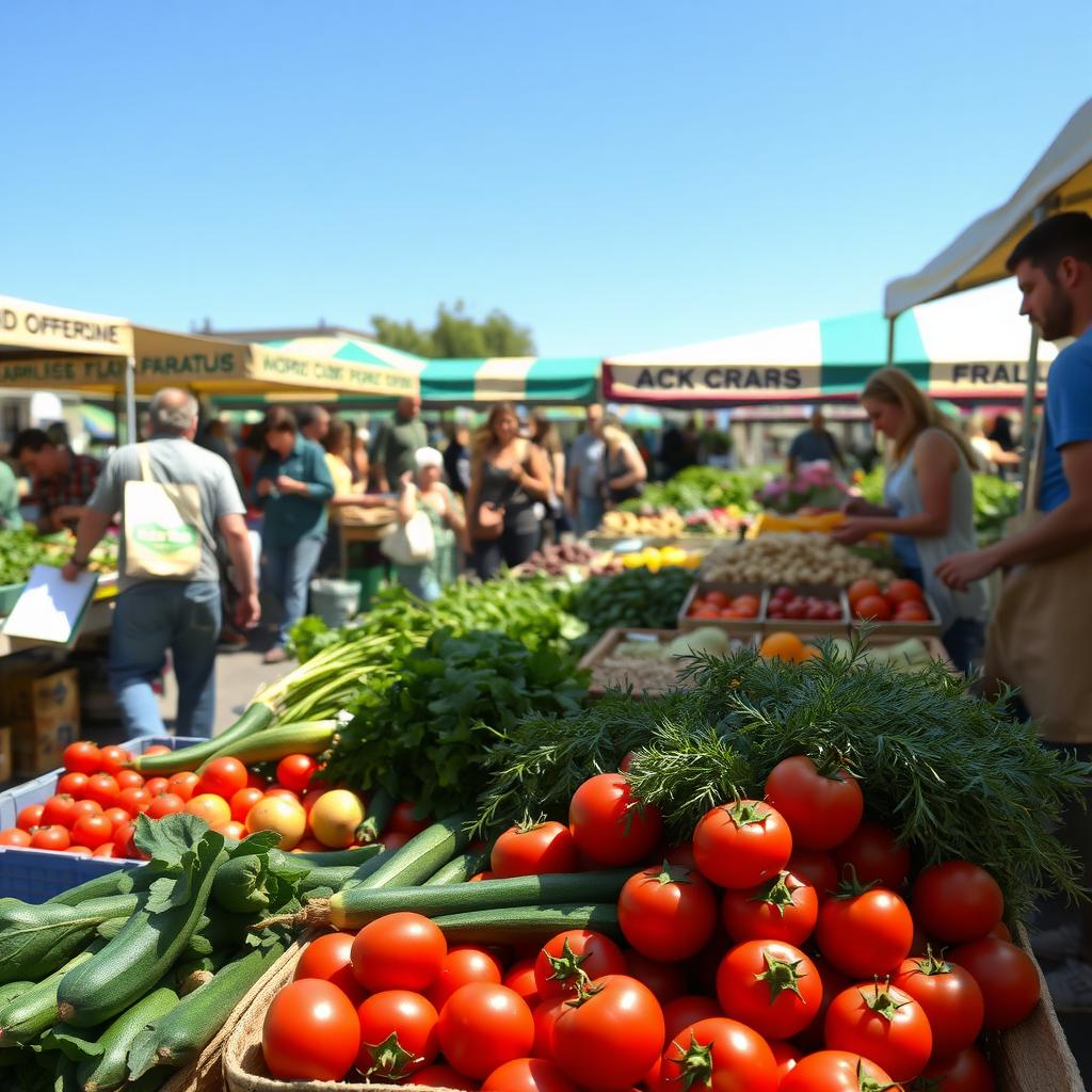Ein lebhafter Bauernmarkt mit bunten Ständen voller frischem Gemüse, Obst und Getreide unter einem klaren blauen Himmel.