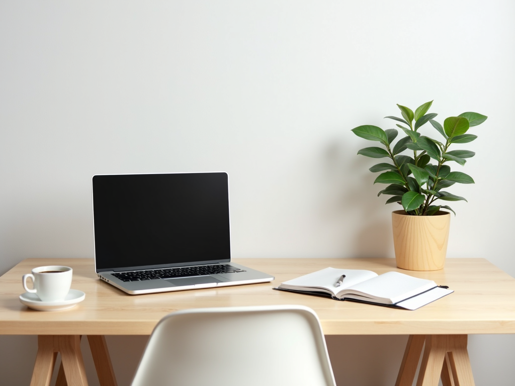 Ein minimalistischer Arbeitsplatz mit Laptop, Notizbuch und einer Pflanze auf einem Holztisch.