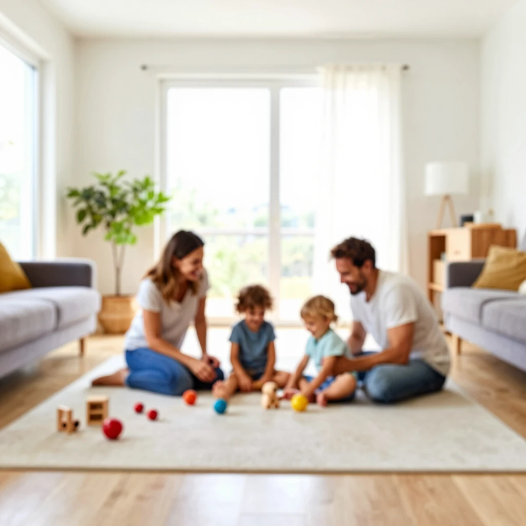 Glückliche Familie spielt in einem hellen, aufgeräumten Wohnzimmer mit wenigen Holzspielzeugen
