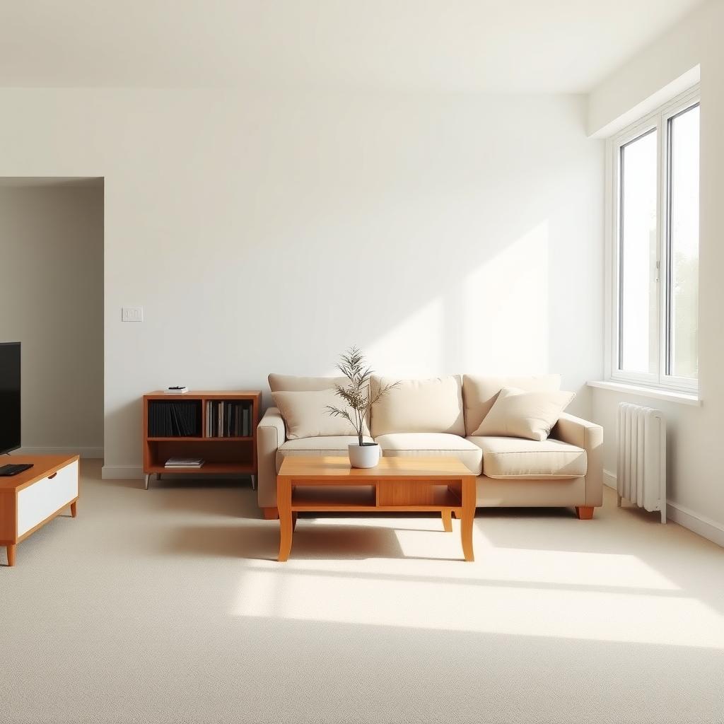 Ein minimalistisches Wohnzimmer mit einem kleinen Holztisch, einer Pflanze und einem beigen Sofa, beleuchtet durch weiches Tageslicht.