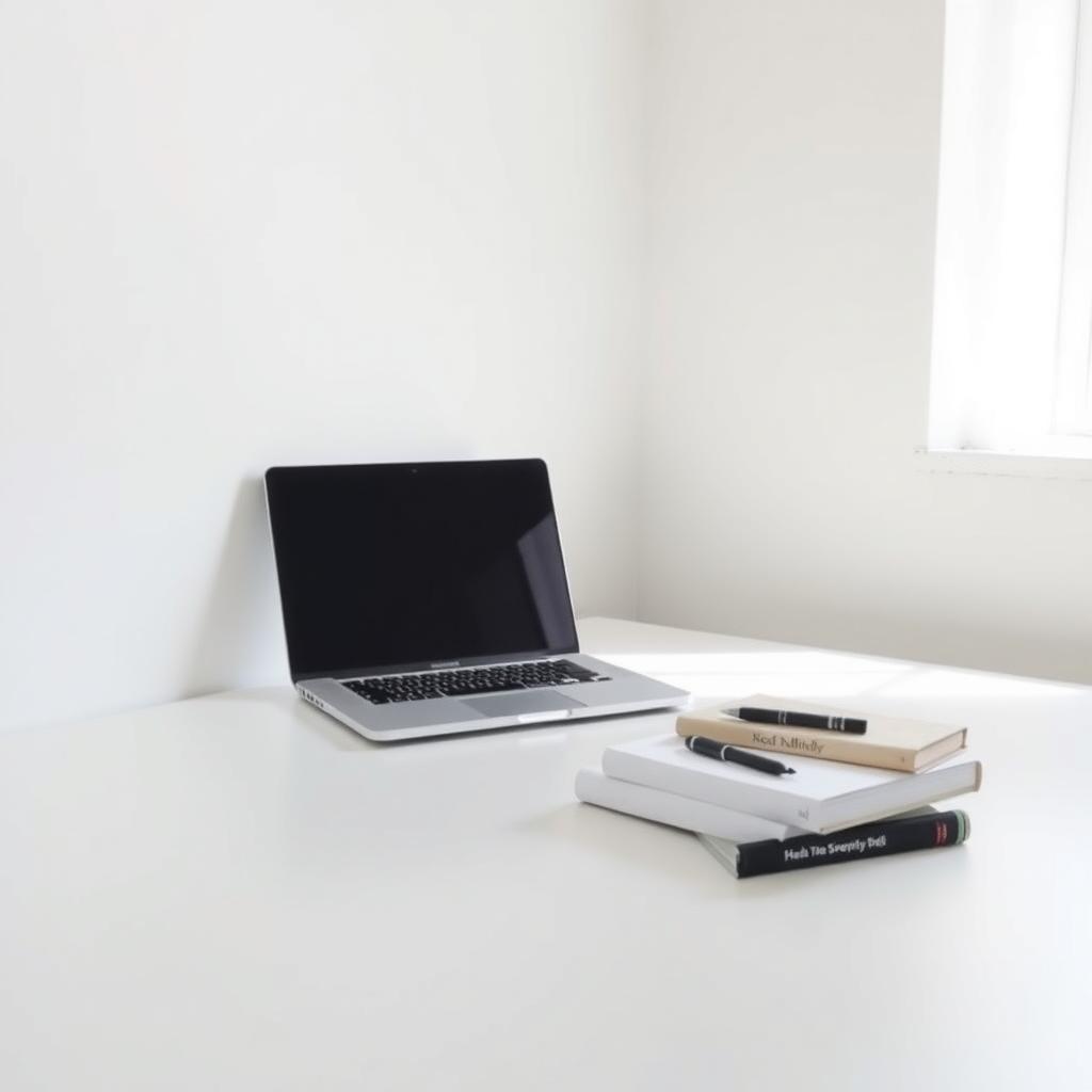 Ein minimalistischer Schreibtisch mit einem Laptop, einem Stift und einigen Minimalismus Büchern.