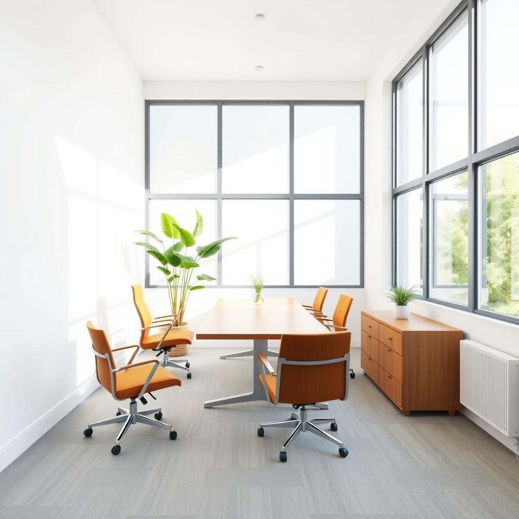 Modernes minimalistisches Büro mit weißen Wänden, schlichtem Holzmobiliar und einer lebendigen grünen Pflanze als Farbakzent, beleuchtet durch große Fenster.