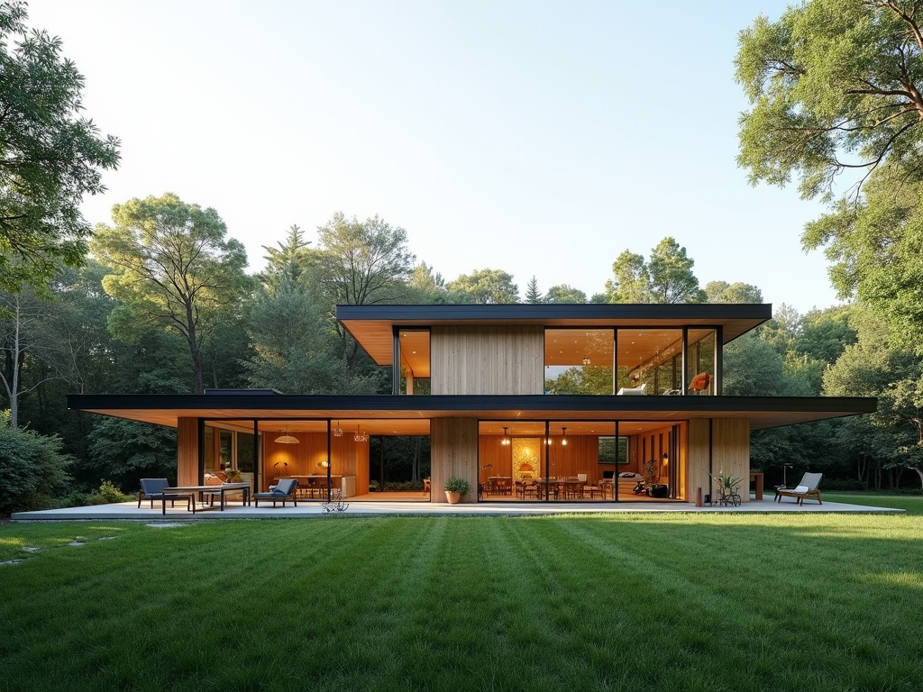 Moderne, minimalistische Hausarchitektur mit großen Fenstern zur Maximierung der Sonneneinstrahlung