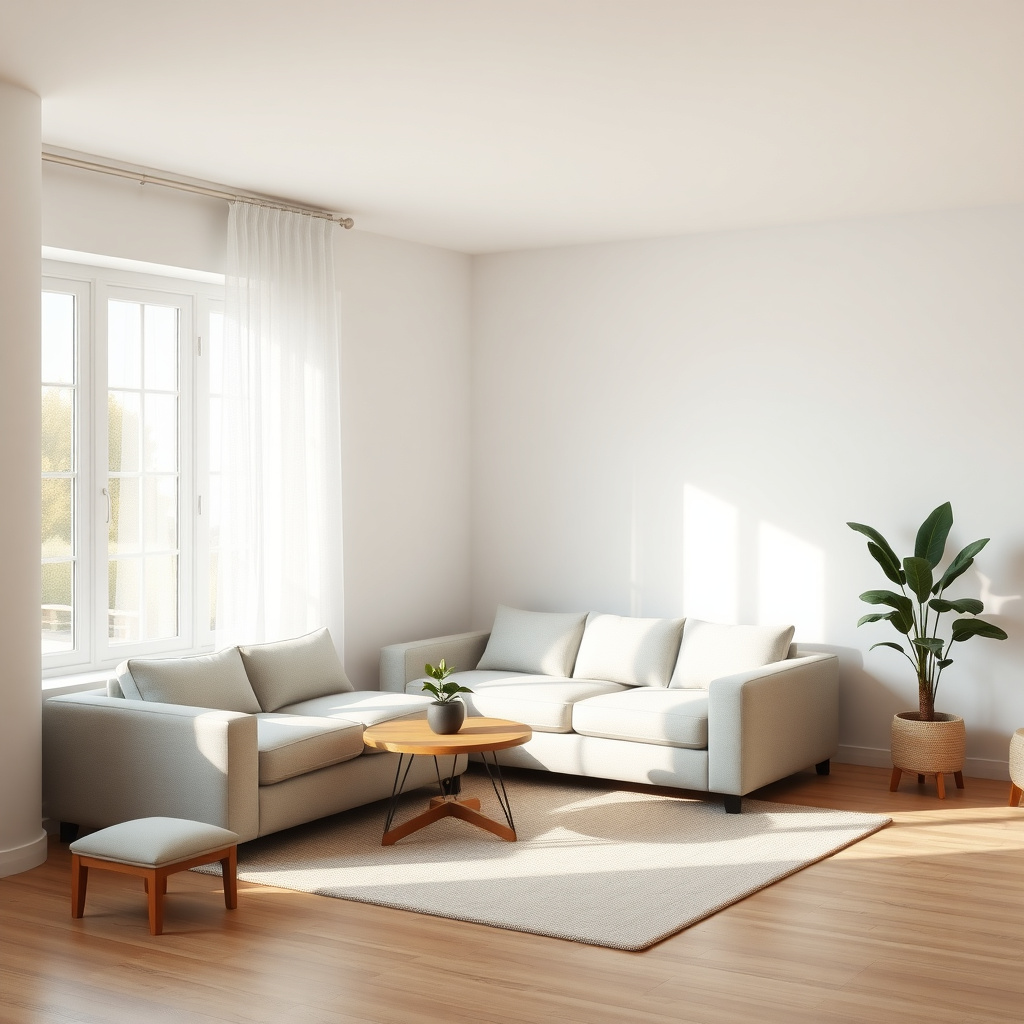 Geräumiges minimalistisches Wohnzimmer in kleiner Wohnung mit natürlichem Licht