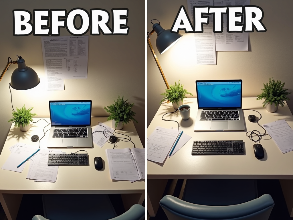 Ein Vorher-Nachher-Bild: ein unordentlicher Schreibtisch mit Papieren und Geräten, dann derselbe Schreibtisch sauber mit nur einem Laptop und einer Tasse.