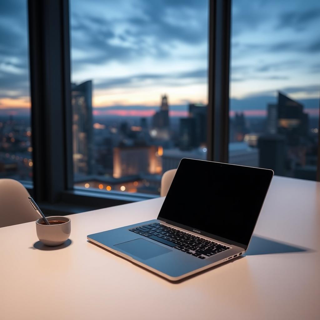Ein minimalistischer Arbeitsplatz mit einem Laptop auf einem weißen Schreibtisch, einem Stifthalter und einer Kaffeetasse vor einem Fenster mit Stadtblick bei Dämmerung.