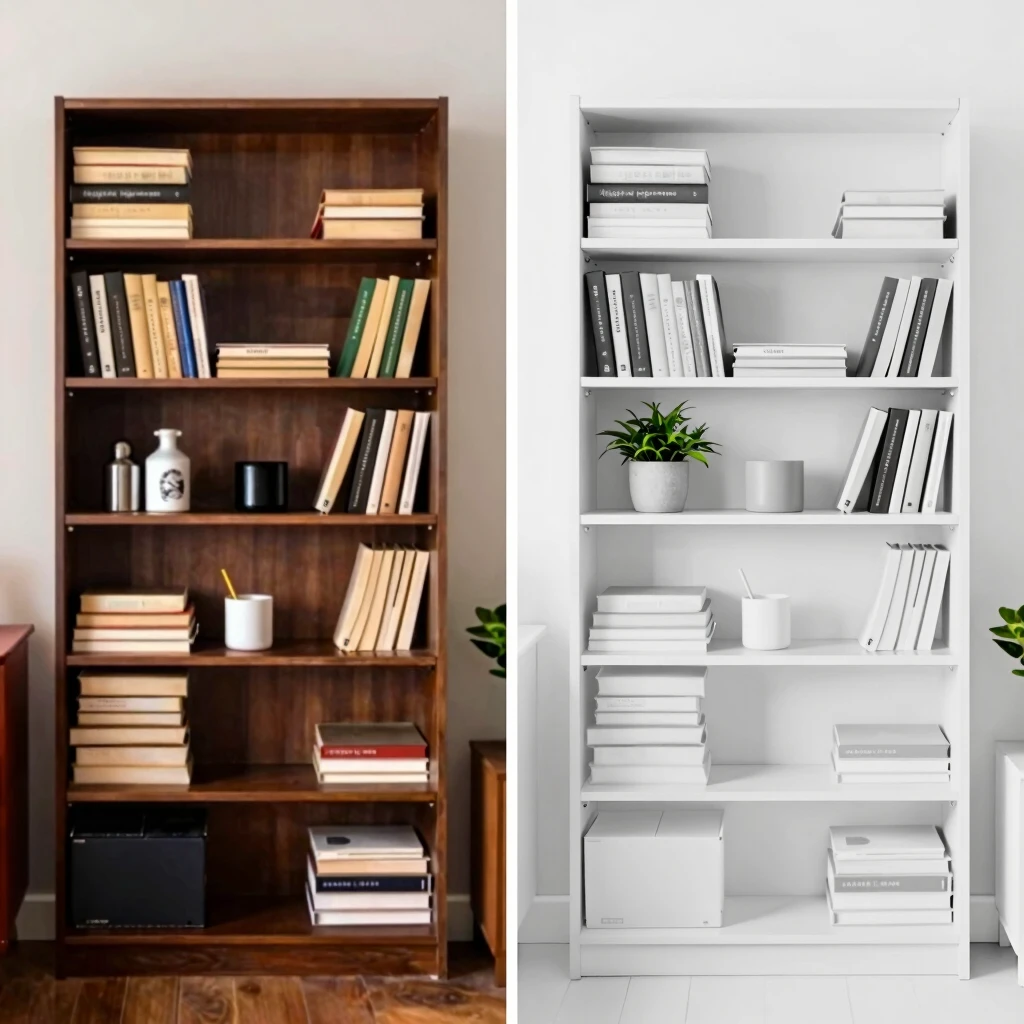 Vorher-Nachher-Vergleich: Überfülltes vs. minimalistisches Bücherregal