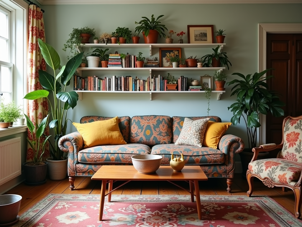 Ein gemütliches Wohnzimmer mit Second-Hand-Möbeln