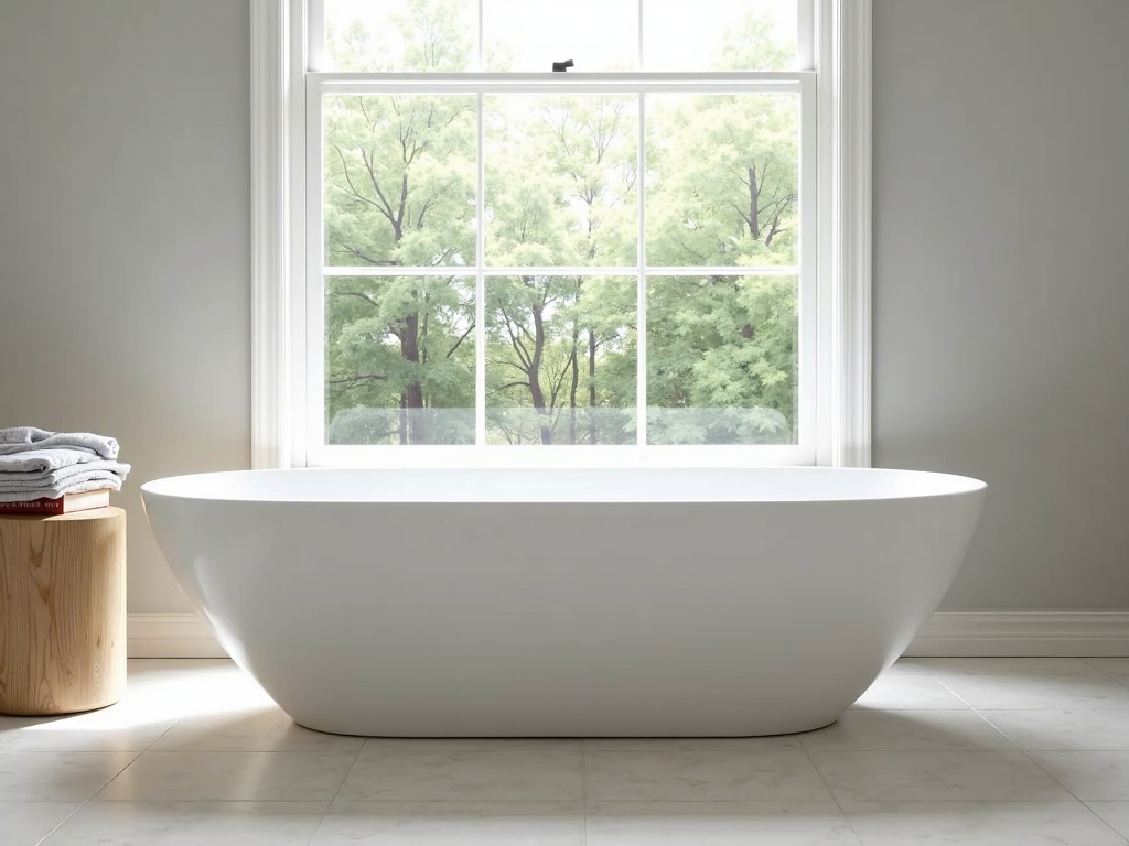 Minimalistisches Badezimmer mit freistehender Badewanne und Blick auf Grünflächen