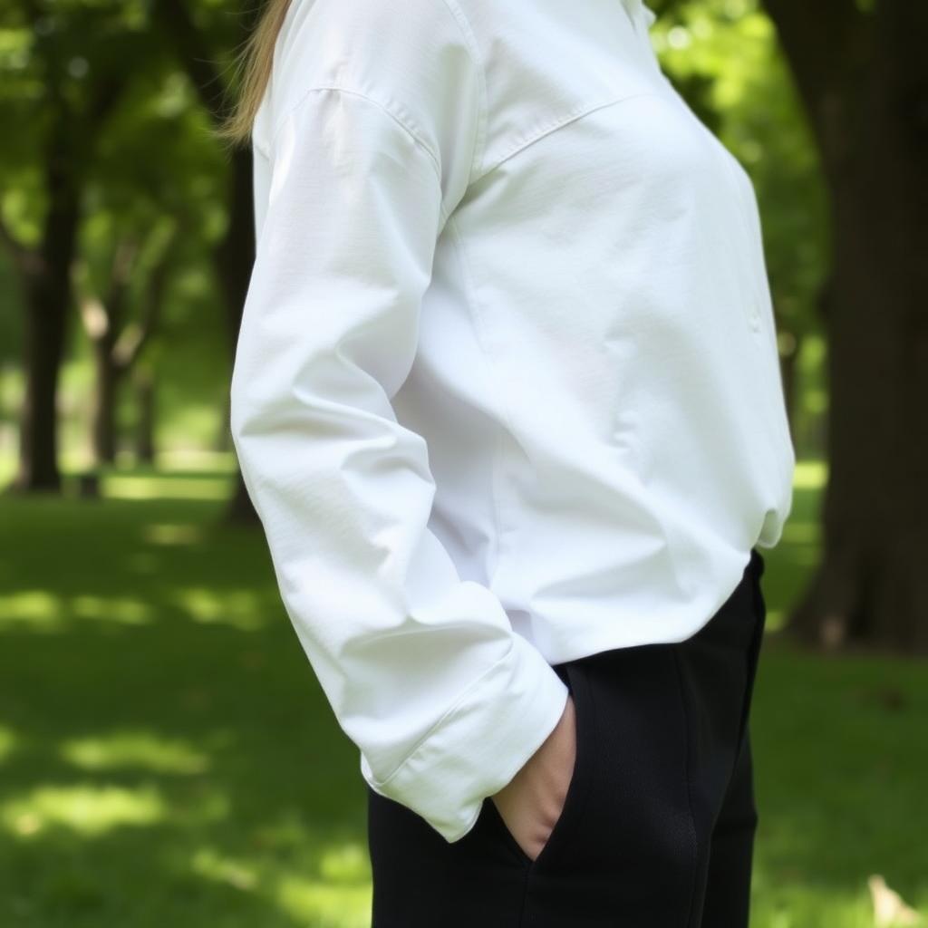 Person in nachhaltigem Outfit mit weißem Bio-Baumwollhemd und schwarzer Hose aus recyceltem Polyester in einem grünen Park.