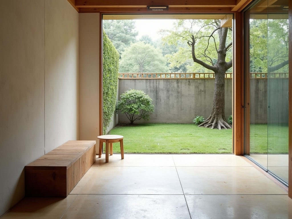 Minimalistische Terrasse mit einer einfachen Holzbank und Gartenblick