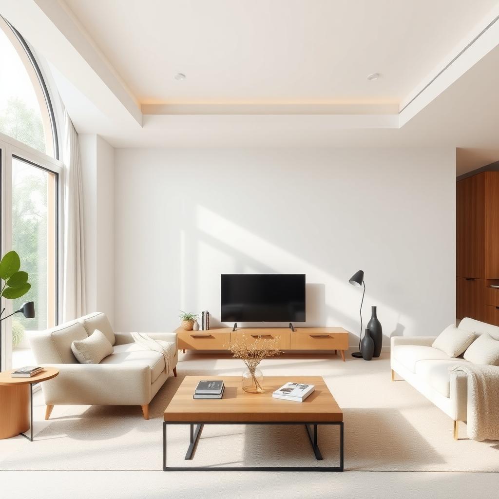 Minimalistisches Wohnzimmer mit neutralen Farben und wenigen Möbelstücken.