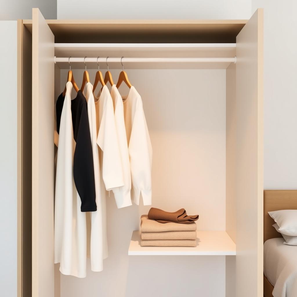 Ein minimalistischer Kleiderschrank mit wenigen, ordentlich aufgehängten Kleidungsstücken in neutralen Farben und einer kleinen Stapel Pullover.