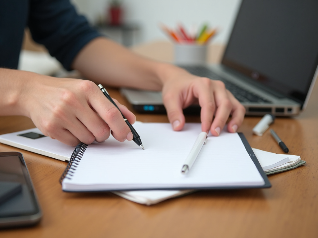 Eine Person räumt einen Schreibtisch auf, entfernt unnötige Geräte und lässt nur ein Notizbuch und einen Stift übrig.