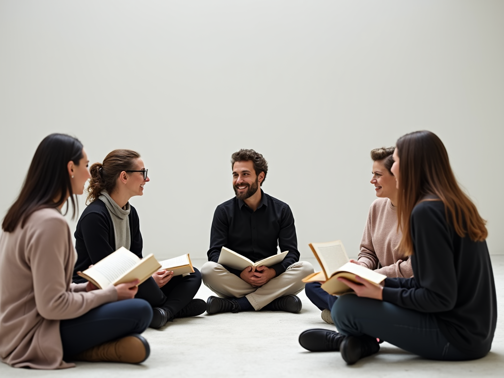 Eine Gruppe diskutiert über Minimalismus Bücher in einem minimalistischen Raum