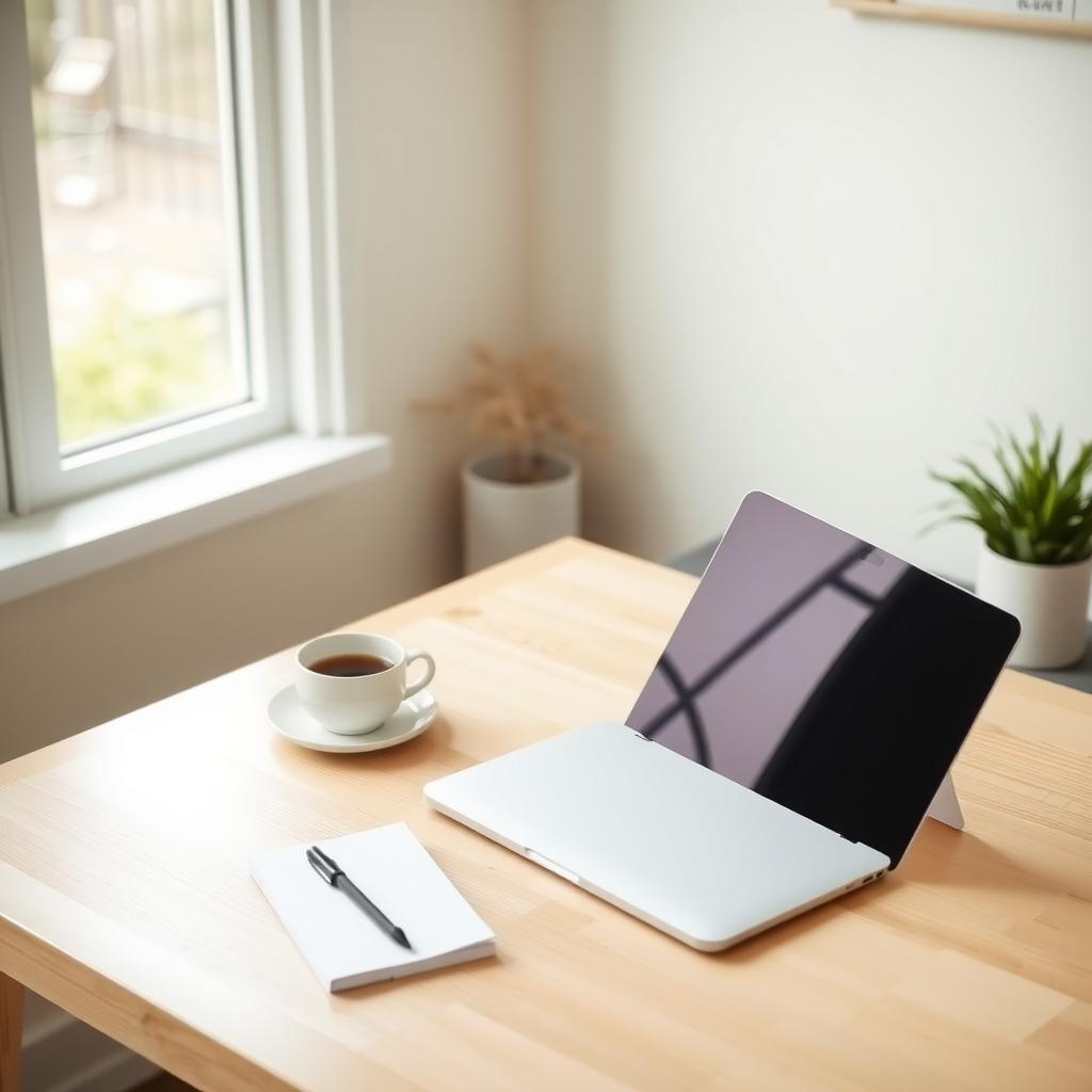 Ein minimalistischer Home-Office-Schreibtisch mit einem Laptop, einem Notizbuch und einer Tasse Kaffee, beleuchtet von weichem Tageslicht.