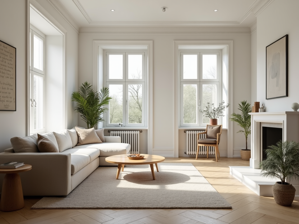 Ein minimalistisch eingerichtetes Wohnzimmer mit natürlichem Licht und wenigen, sorgfältig ausgewählten Dekorationsgegenständen.