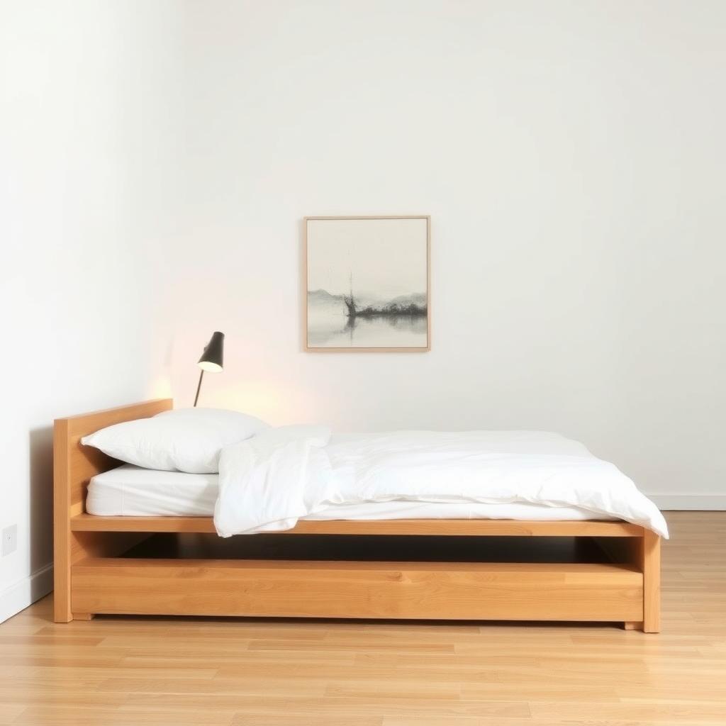 Minimalistisches Schlafzimmer mit niedrigem Holzbett, weißer Bettwäsche und einem abstrakten Gemälde an der Wand, sanft beleuchtet durch eine Nachttischlampe.