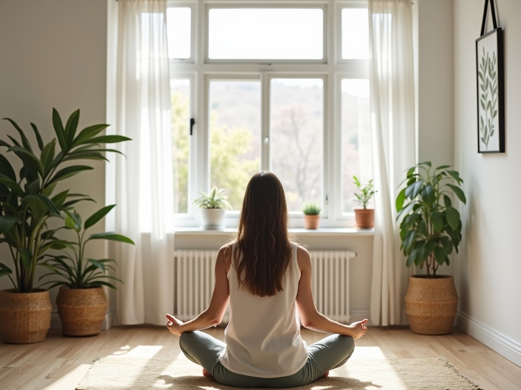 Person meditating in a minimalist space, surrounded by nature