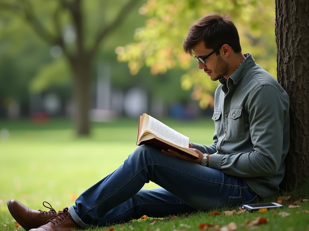 Person liest ein Buch im Park, Telefon ausgeschaltet