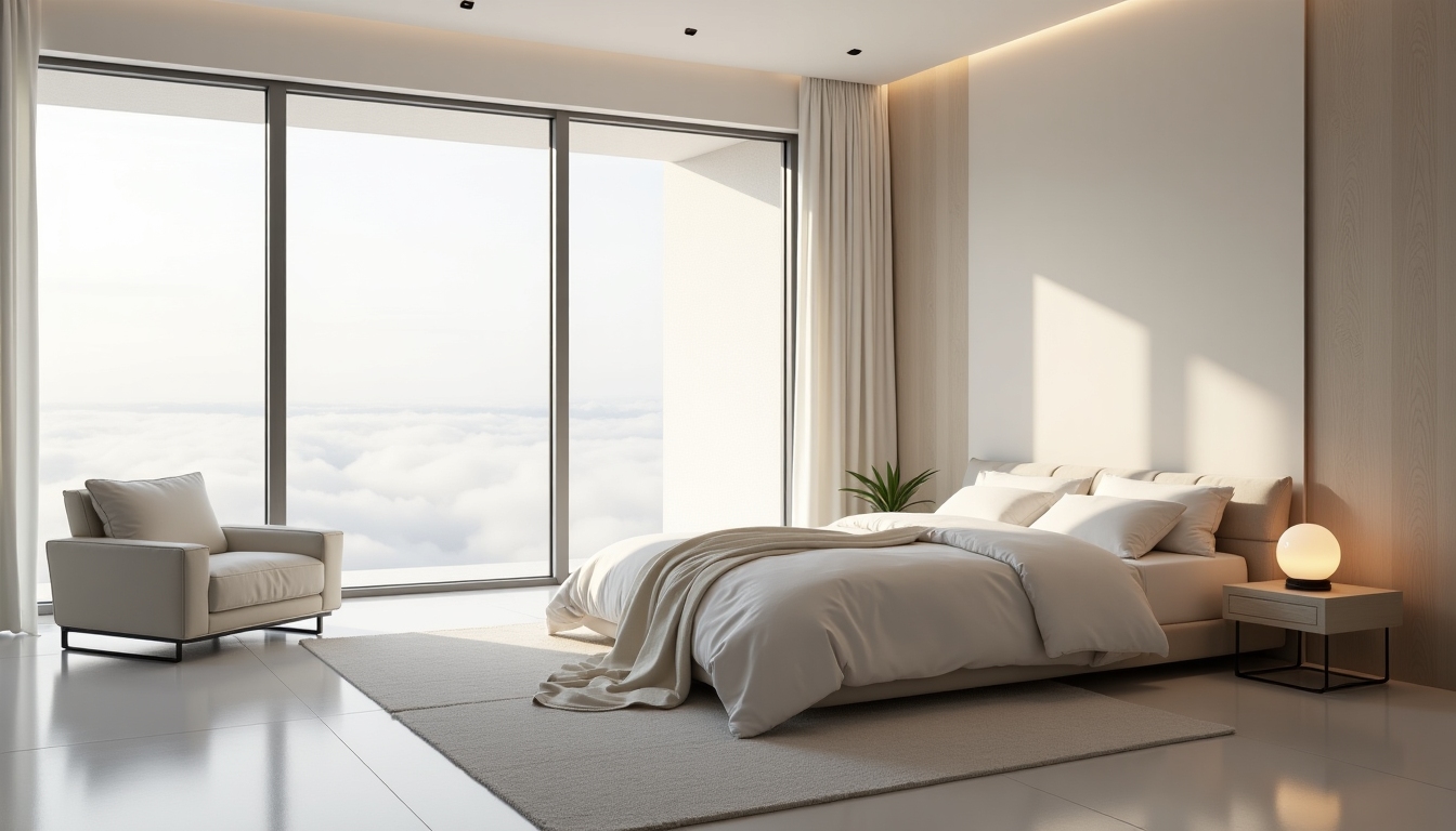 A minimalist bedroom with neutral colors and large windows allowing natural light.