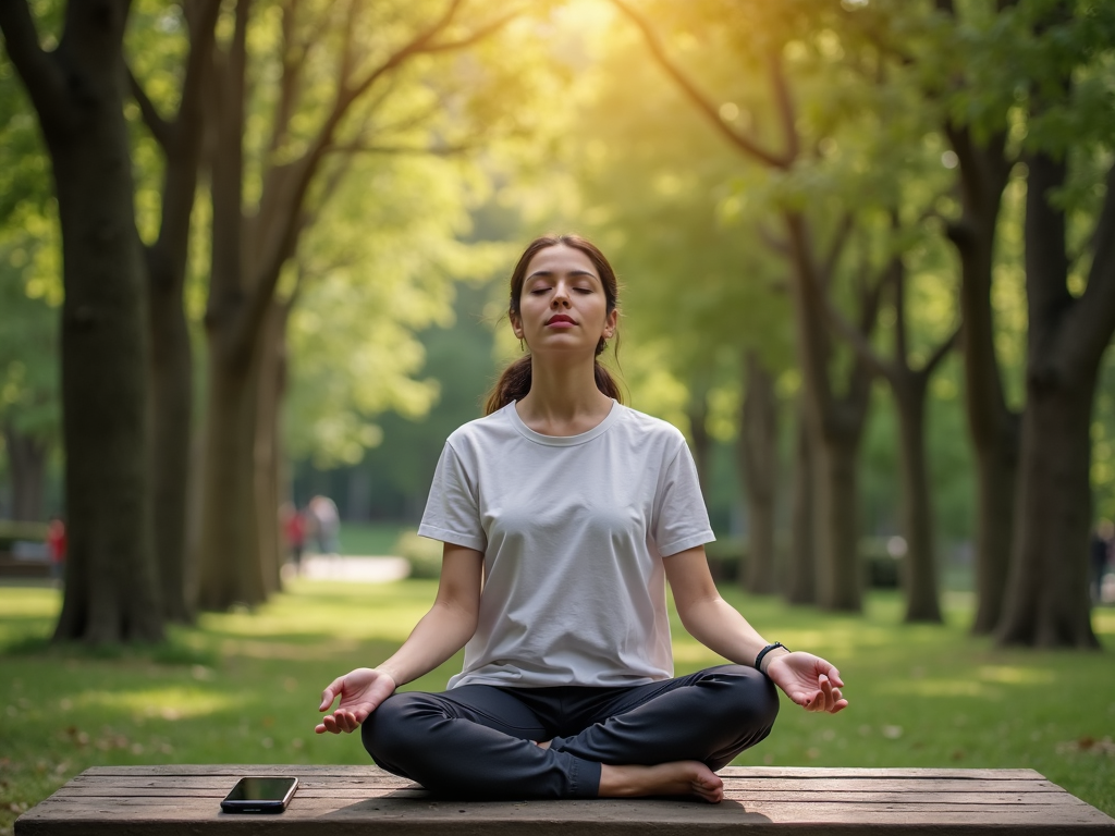 Person meditiert im Park mit Smartphone daneben
