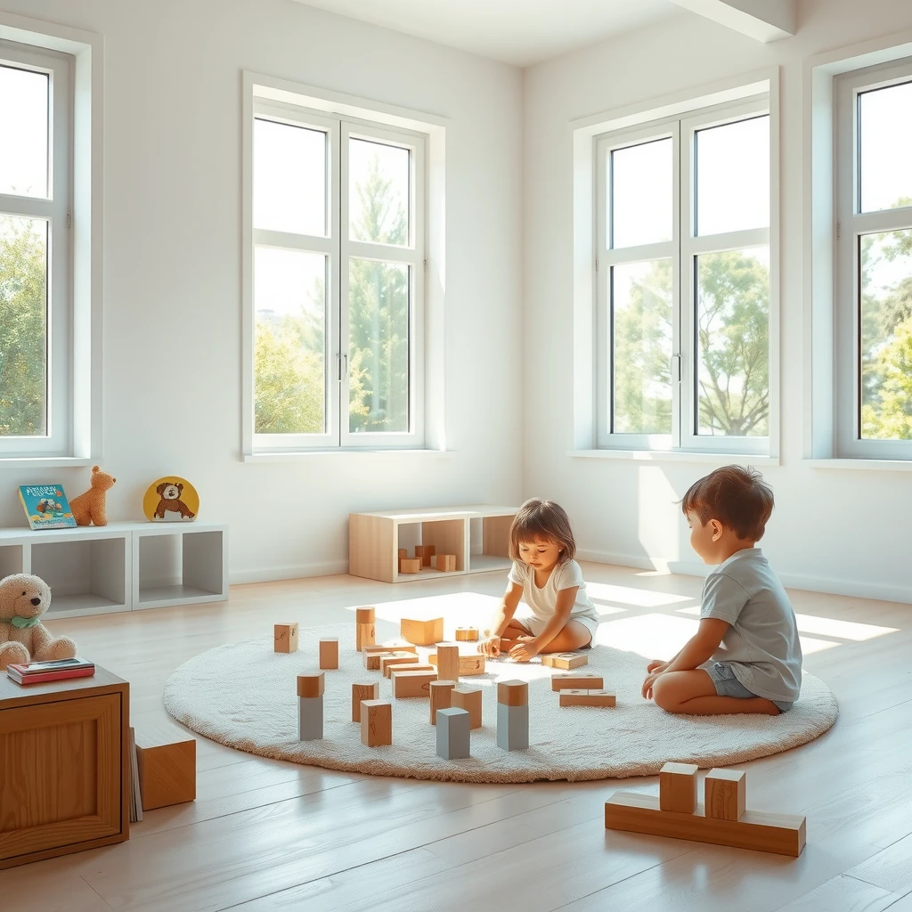 Ein helles, minimalistisches Kinderzimmer mit spielenden Kindern