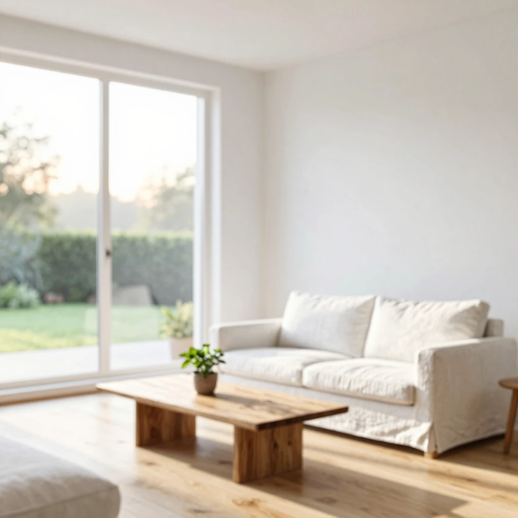 Ruhiges minimalistisches Wohnzimmer bei Sonnenaufgang mit natürlichem Licht und sparsamer Einrichtung