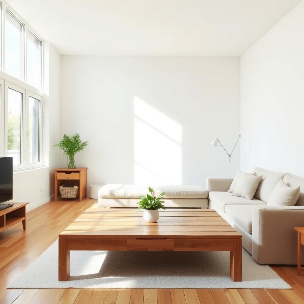 Ein minimalistisches Wohnzimmer mit einem einfachen Holztisch, einer Topfpflanze und einem gemütlichen beigen Sofa.