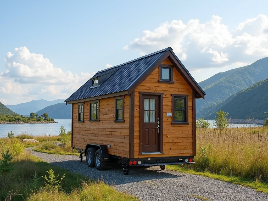 Ein Tiny House auf Rädern, geparkt an einem malerischen Ort.