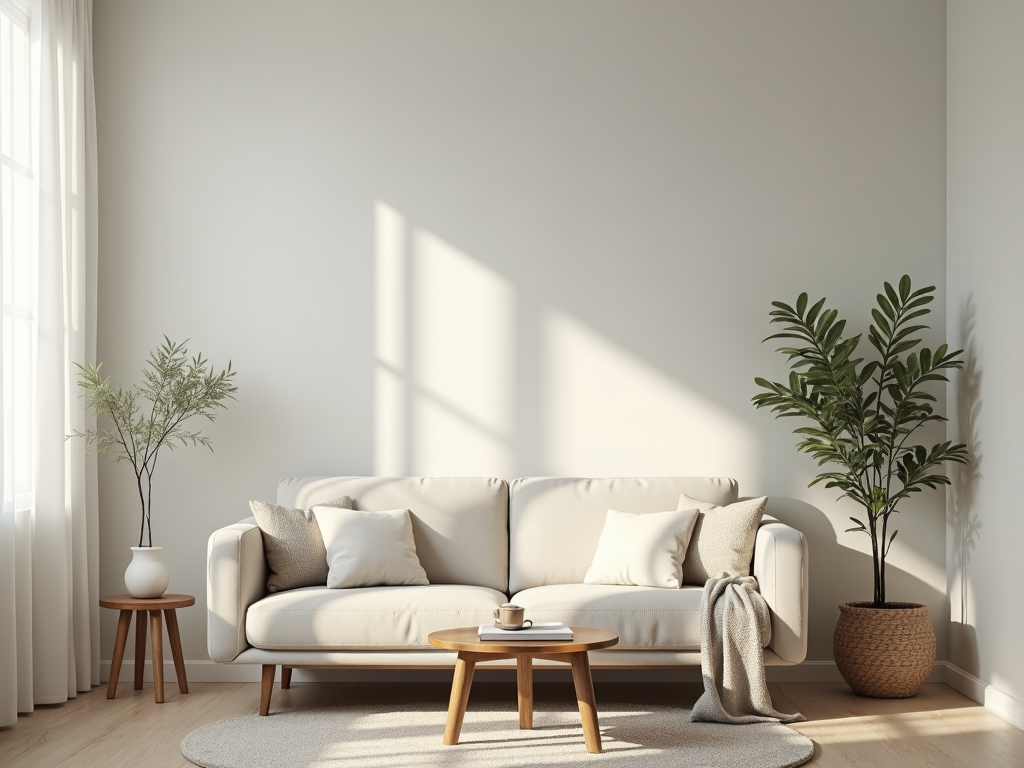 Ein ruhiges Wohnzimmer mit minimaler Einrichtung und Dekoration, das die Friedlichkeit eines minimalistischen Zuhauses zeigt.