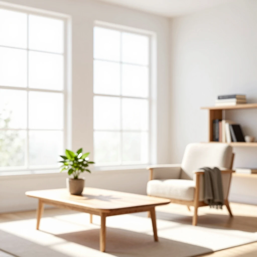 Ein minimalistisches Wohnzimmer mit natürlichem Licht und wenigen, sorgfältig ausgewählten Möbeln