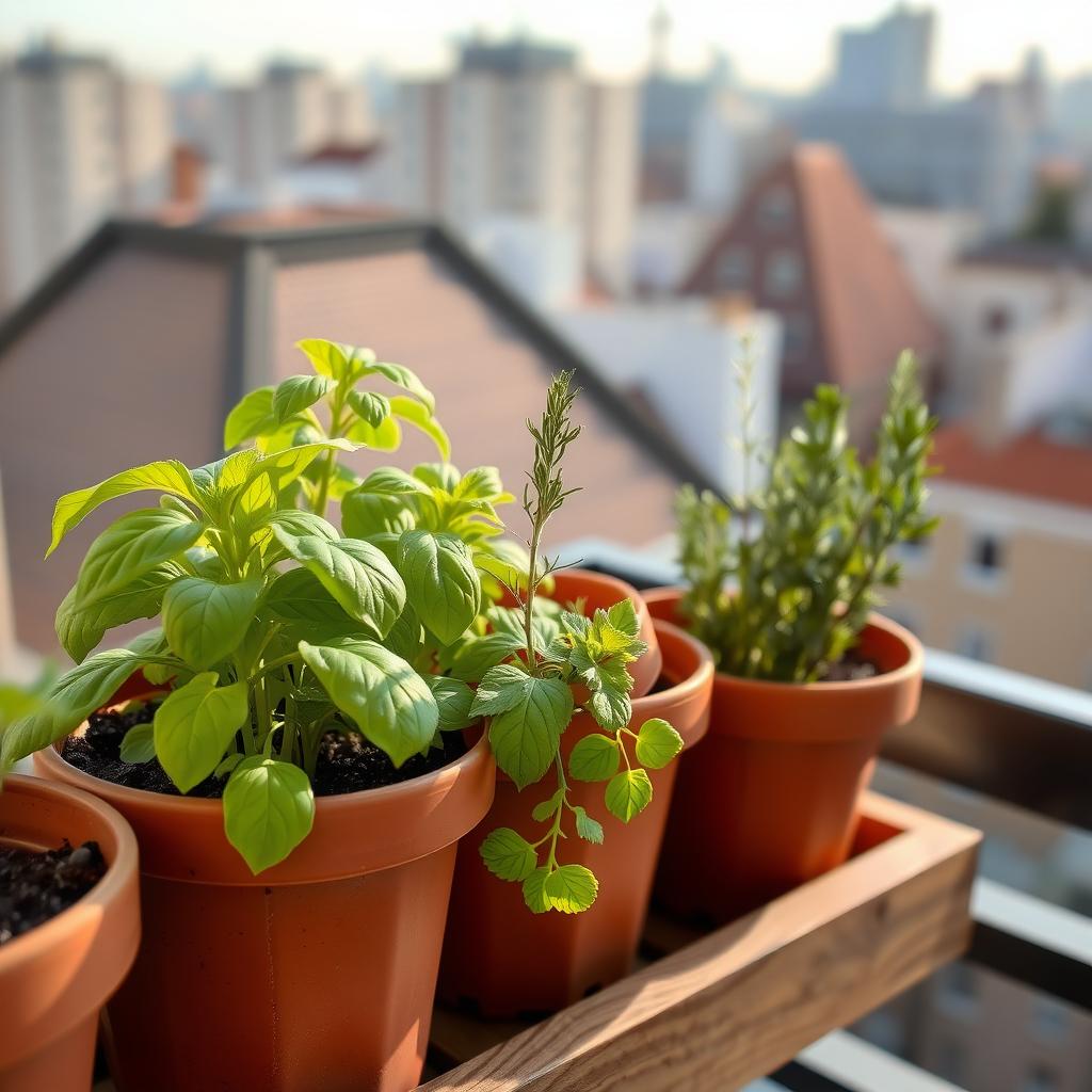 Ein kleiner Kräutergarten auf einem Balkon mit Töpfen voller Basilikum, Rosmarin und Thymian, beleuchtet von weichem Morgenlicht.