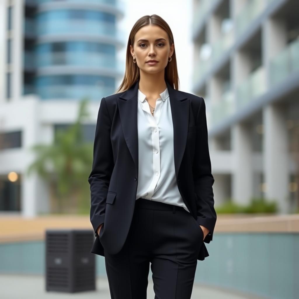 Eine stilvolle Frau in einem minimalistischen Outfit mit schwarzem Blazer, weißer Bluse und schwarzer Hose, ergänzt durch eine goldene Halskette, in einer modernen städtischen Umgebung.