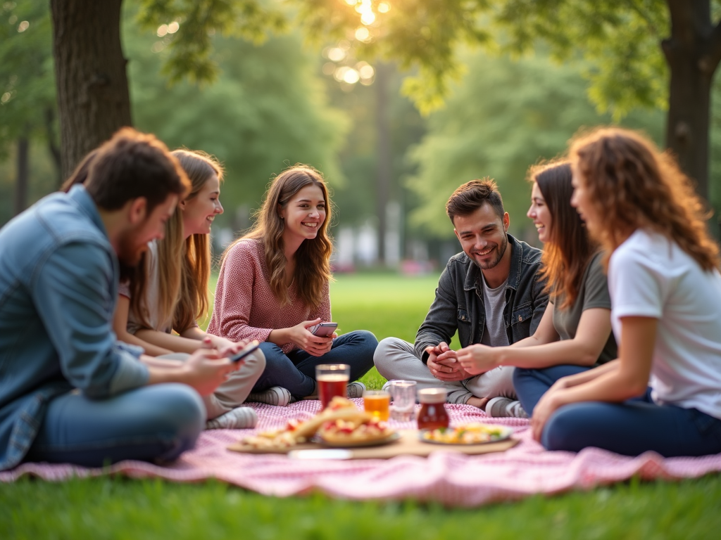 Freunde genießen ein Picknick ohne digitale Geräte