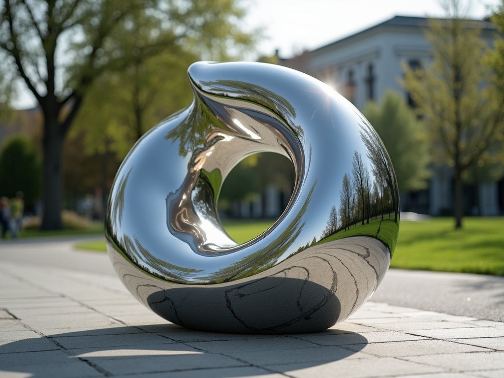 Zeitgenössische minimalistische Skulptur aus poliertem Metall im Freien