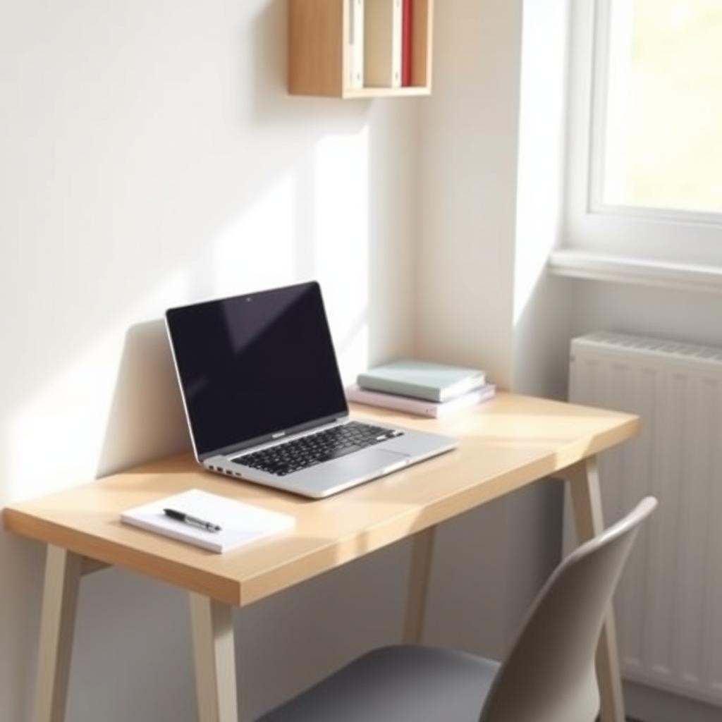 Ein minimalistischer Schreibtisch mit einem Laptop, einem Notizbuch und einem Stift, vor einer weißen Wand mit einem kleinen Regal.