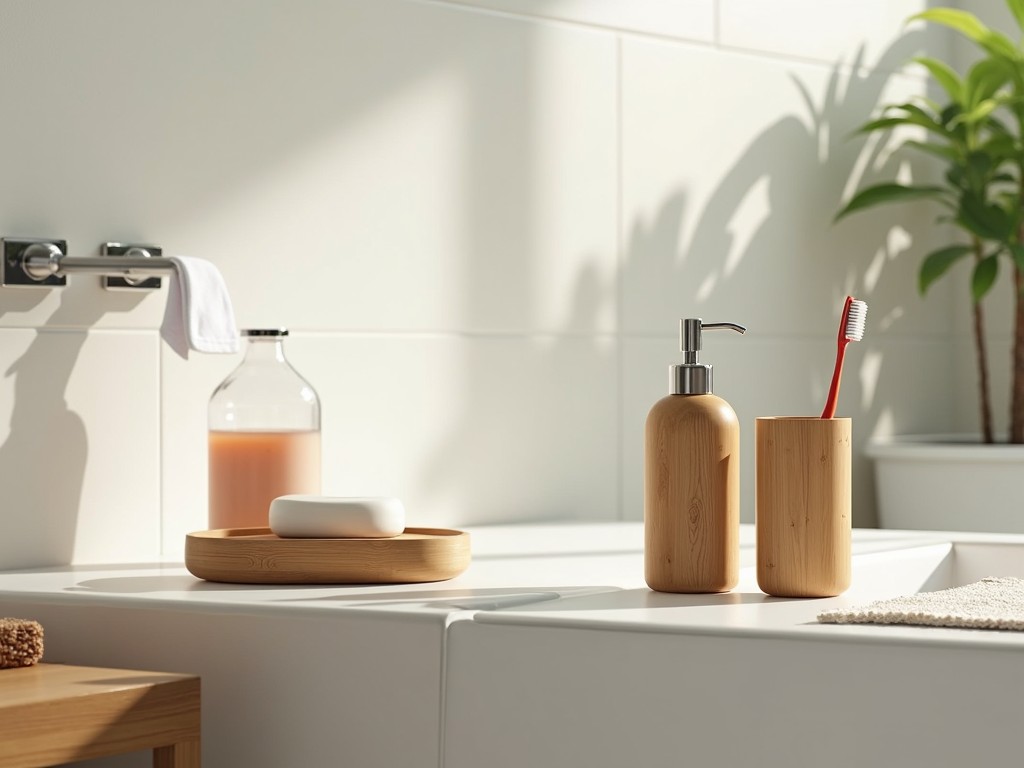 Elegant bamboo bathroom accessories, highlighting eco-friendliness and minimalist style.