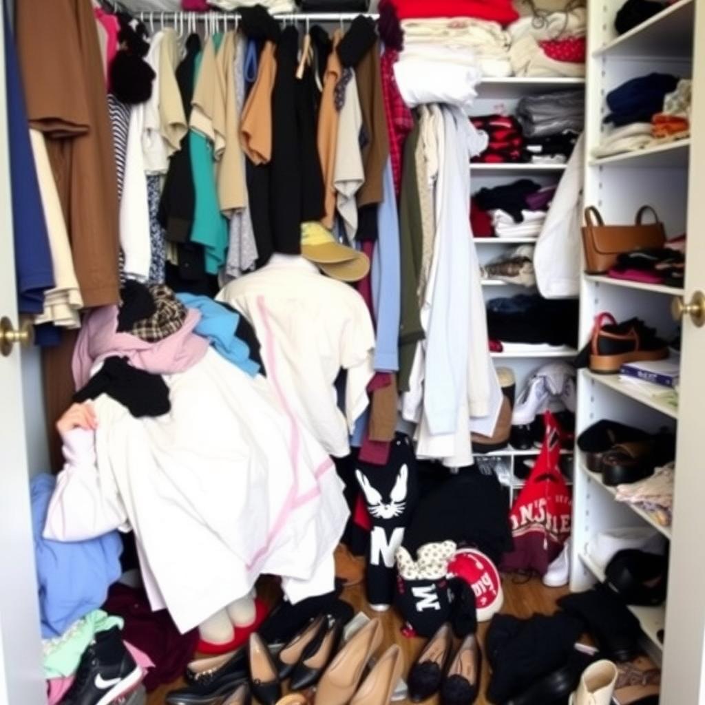 Ein chaotischer Kleiderschrank vor dem Aufräumen