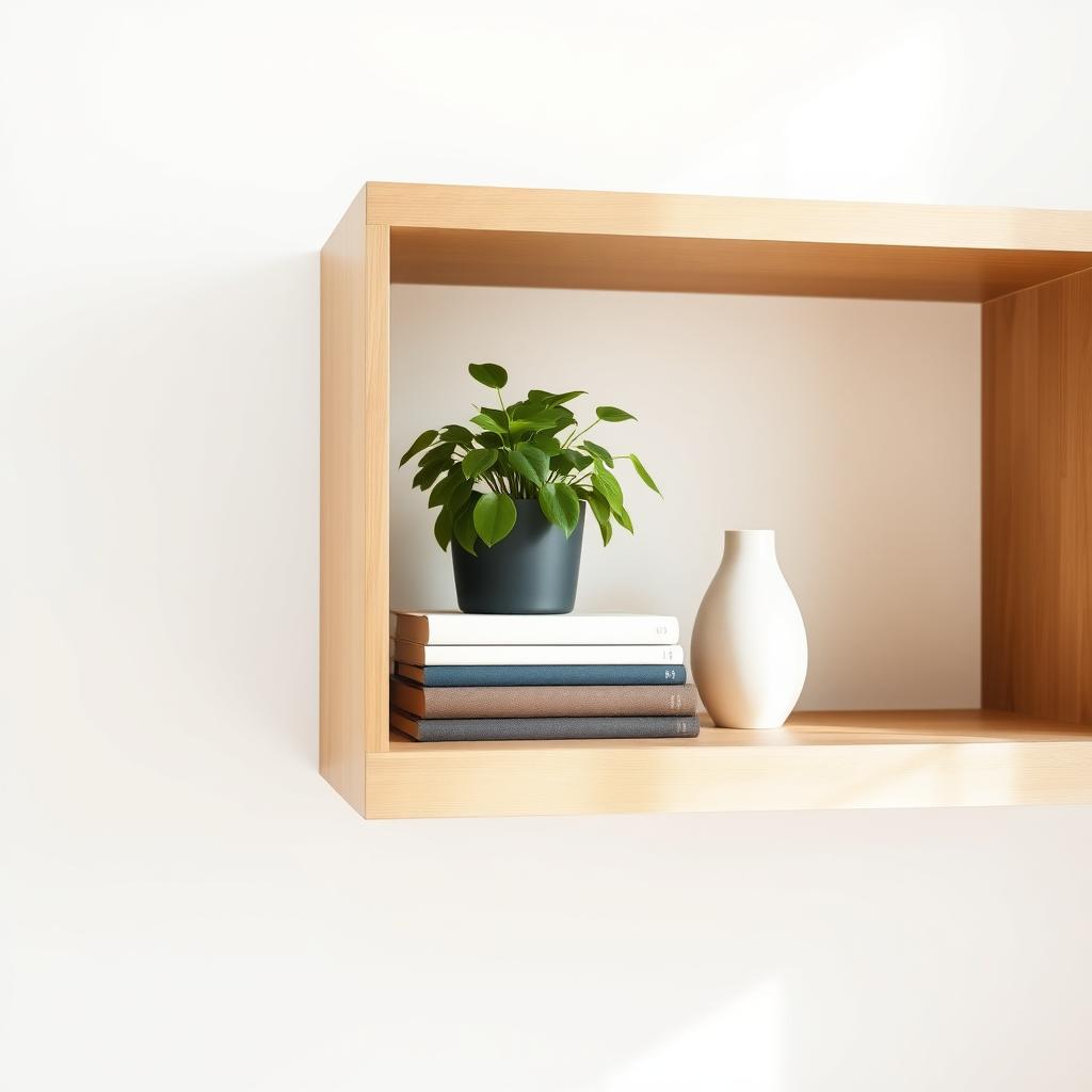 Ein minimalistisches Regal mit einer grünen Topfpflanze, drei Büchern und einer einfachen Keramikvase vor einer weißen Wand.