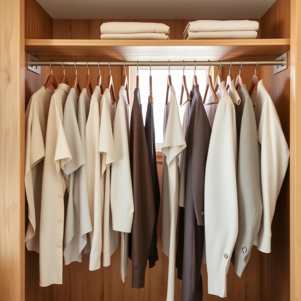 Ein ordentlich organisierter Kleiderschrank mit 30 Kleidungsstücken in neutralen Farben, auf Holzbügeln in einem minimalistischen Holzschrank.